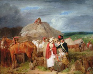 Soldat med landkvinner som selger bånd nær en militærleir, 1788